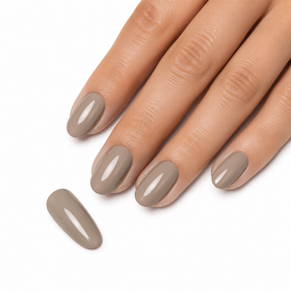 Finished ACOS HF022 warm taupe-grey manicure with matching nail swatch detail