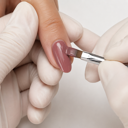 Professional applying ACOS Grey Red 029 gel colour to a prepared nail
