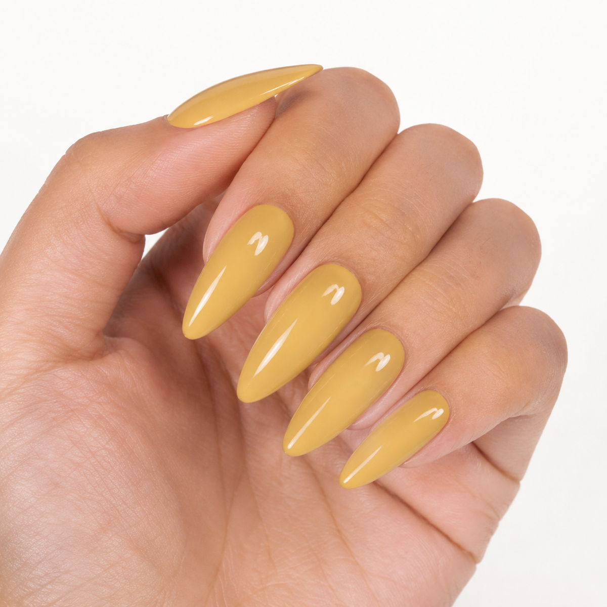 Glossy ACOS HF030 Grey Yellow gel manicure result on five almond nails