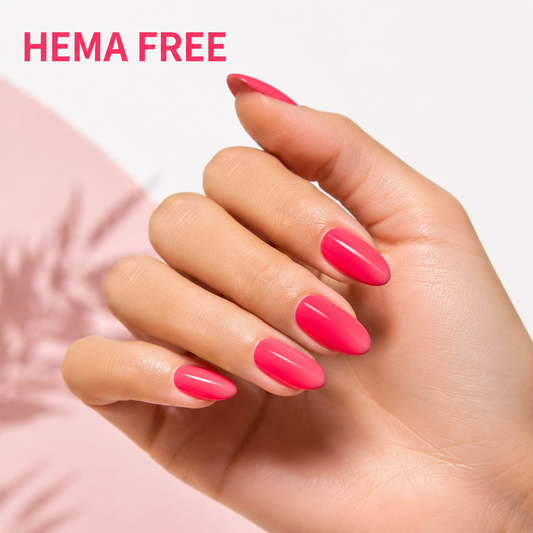 ACOS HF002 Hot Pink manicure with HEMA FREE benefit text