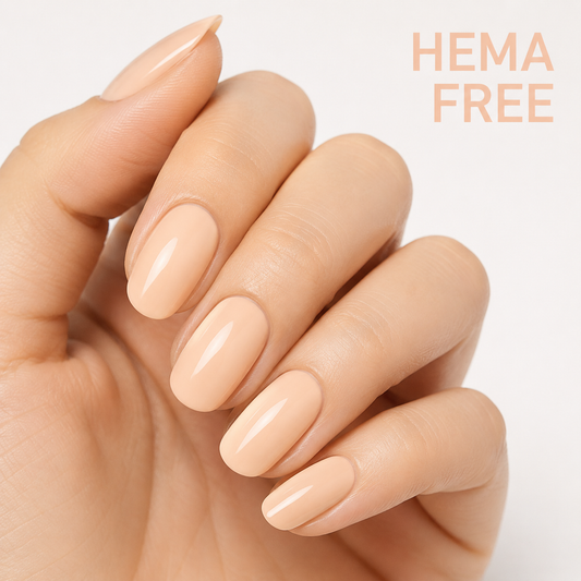 ACOS HF020 Light Brown gel manicure with HEMA FREE benefit text
