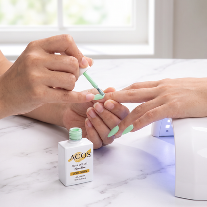 Nail technician applying ACOS Light Green 016 gel polish