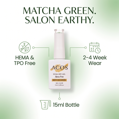 ACOS Matcha Green 031 gel polish feature graphic with green manicure
