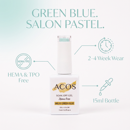 Nail technician applying ACOS Milky Green Blue gel