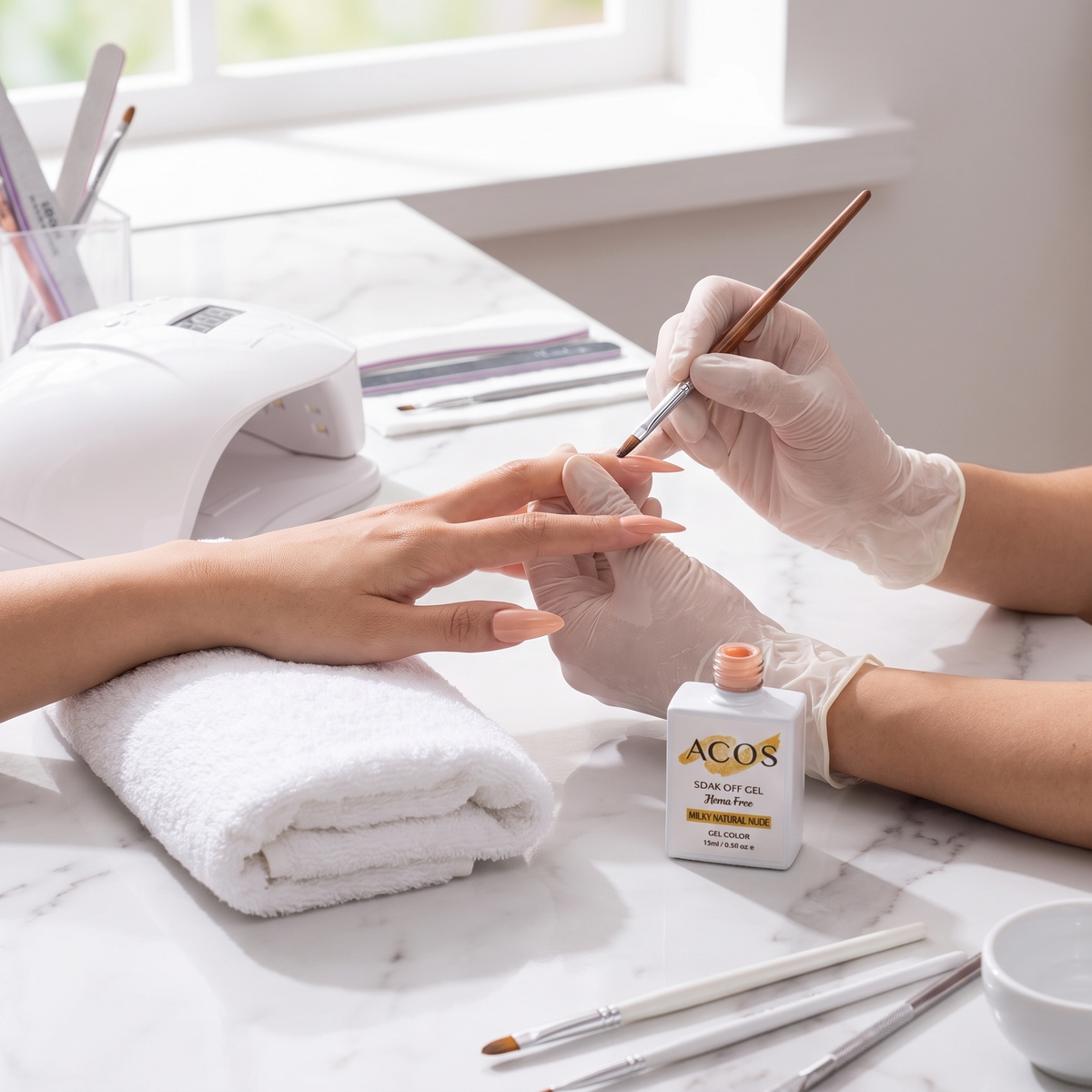 Professional application of ACOS HF082 Milky Natural Nude HEMA-free gel colour