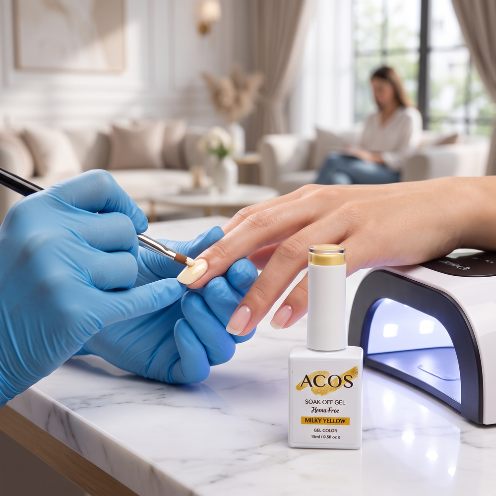 Nail technician applying ACOS Milky Yellow gel