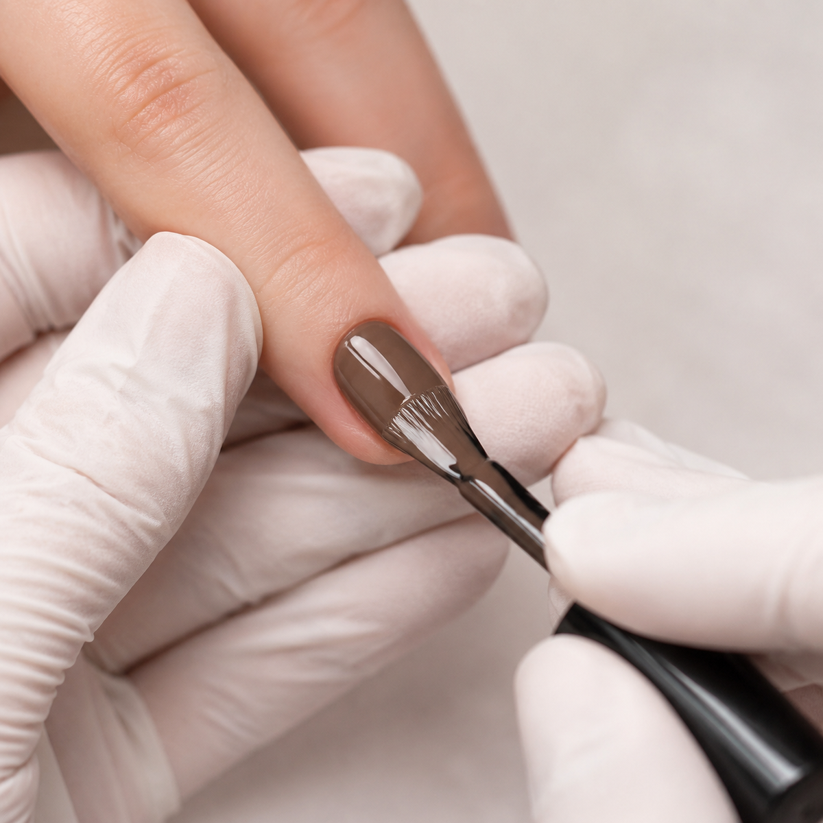 Professional applying ACOS Natural Brown 013 gel colour to a prepared fingernail