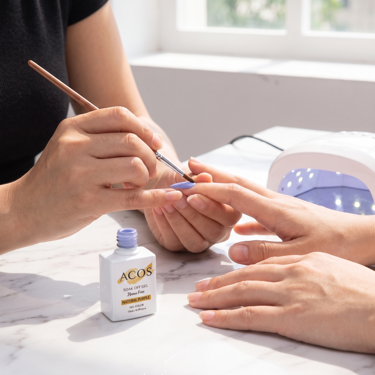 Nail technician applying ACOS Natural Purple 014 gel colour