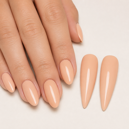 ACOS Nude Brown 008 glossy manicure result with matching peach-beige swatches