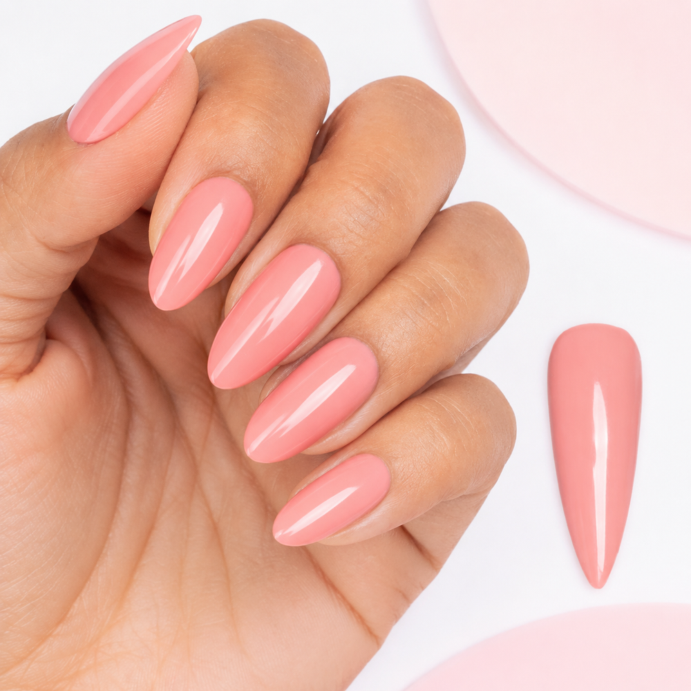 Glossy ACOS HF018 nude-pink manicure with matching nail swatch detail