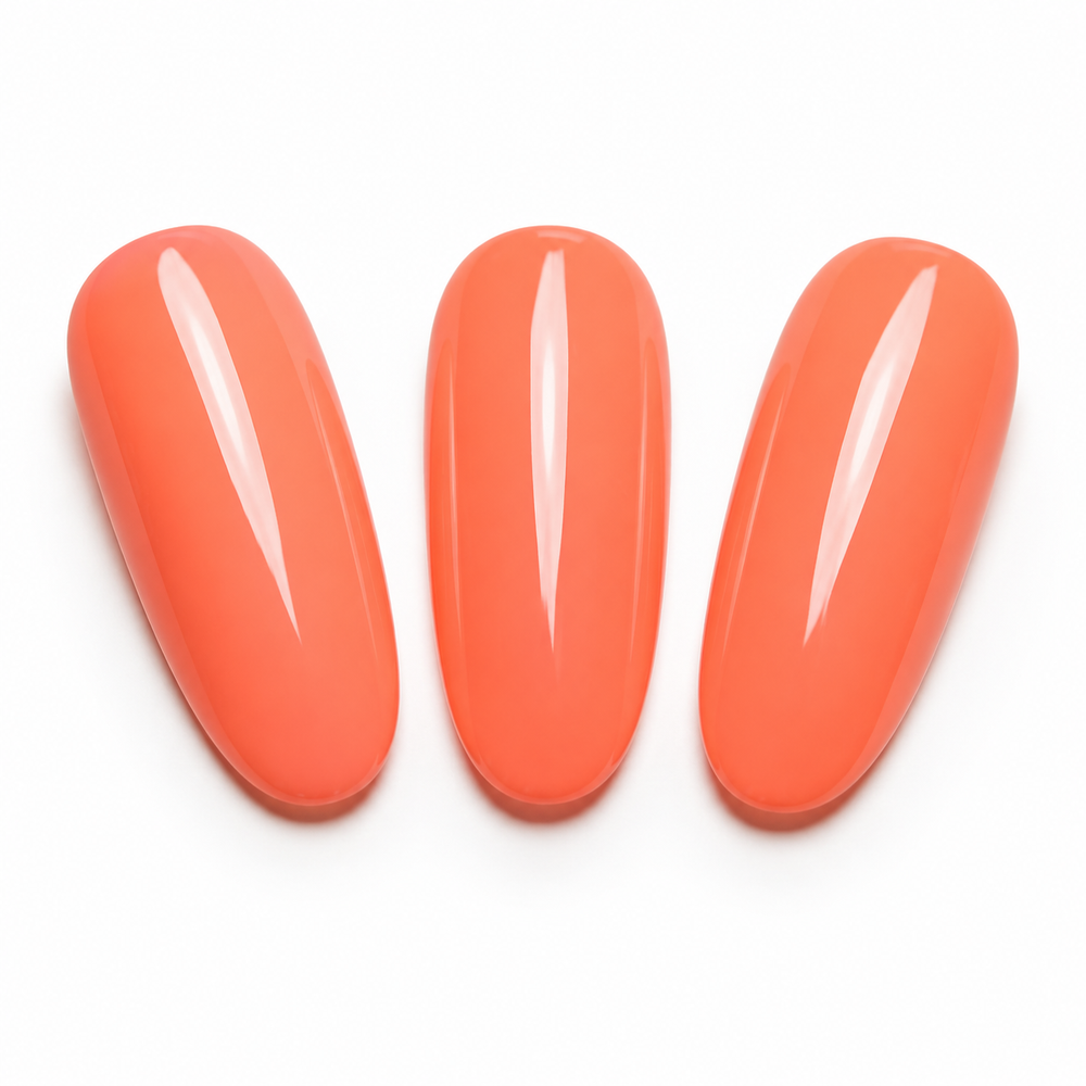 ACOS Pink Orange 033 shown on three glossy coral-orange nail swatch tips