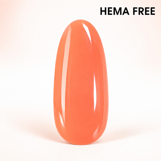 ACOS HEMA Free Pink Orange 033 benefit graphic with glossy coral-orange nail swatch