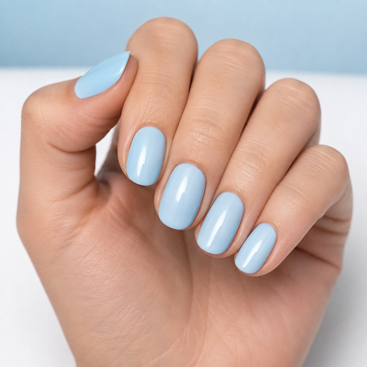Finished pale sky blue glossy gel manicure on natural oval nails