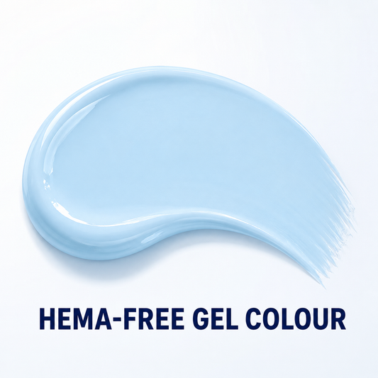 Sky blue HEMA-free gel colour swatch with HEMA-FREE GEL COLOUR benefit text