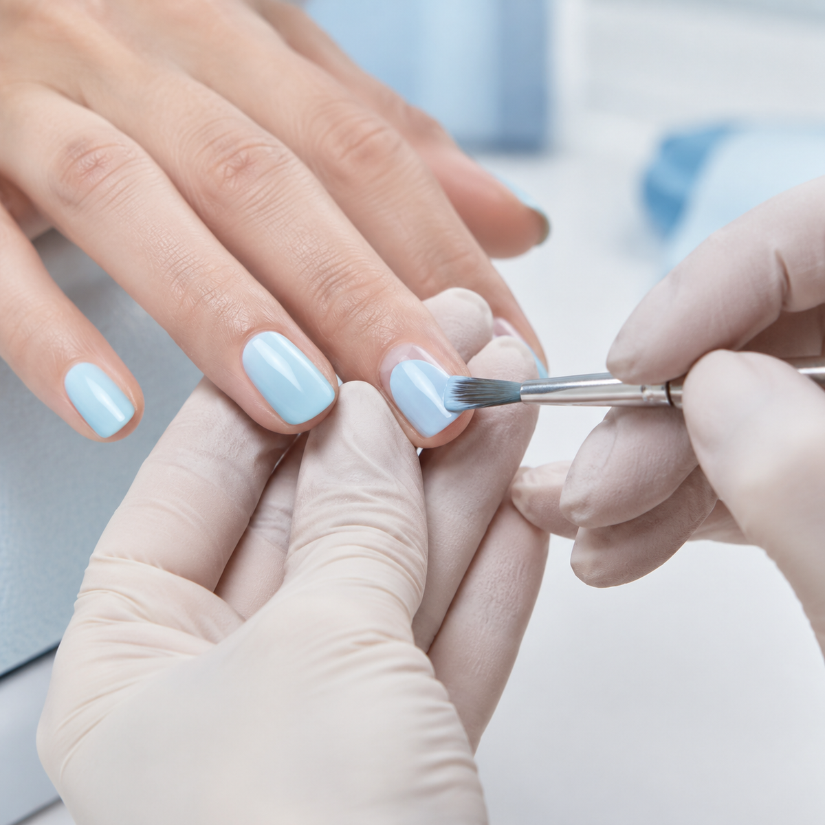 Professional application of pale sky blue gel colour to a client's fingernail