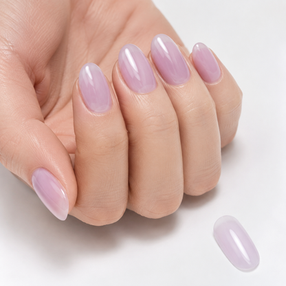 ACOS HF062 sheer transparent-purple manicure with matching lilac swatch detail