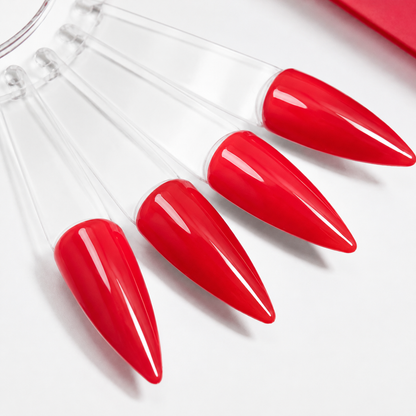 Cured ACOS HF019 Bright Red gel colour shown on glossy artificial nail swatch tips