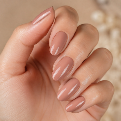 ACOS Dark Nude 078 glossy manicure result in a warm nude shade