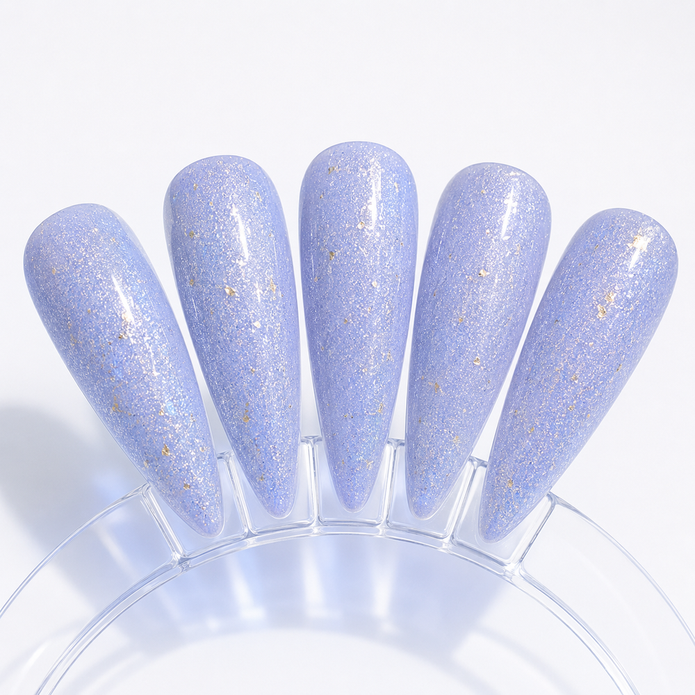 Cured ACOS HF090 pale glitter-blue artificial nail swatches