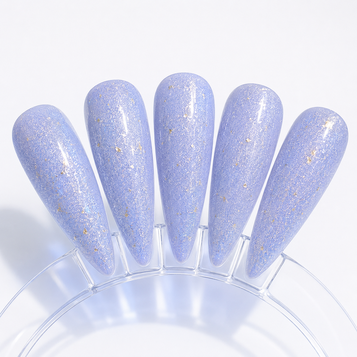 Cured ACOS HF090 pale glitter-blue artificial nail swatches