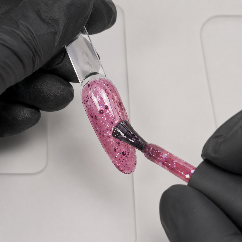 Gloved nail technician applying ACOS HF094 Glitter Dark Pink gel to an artificial practice tip.