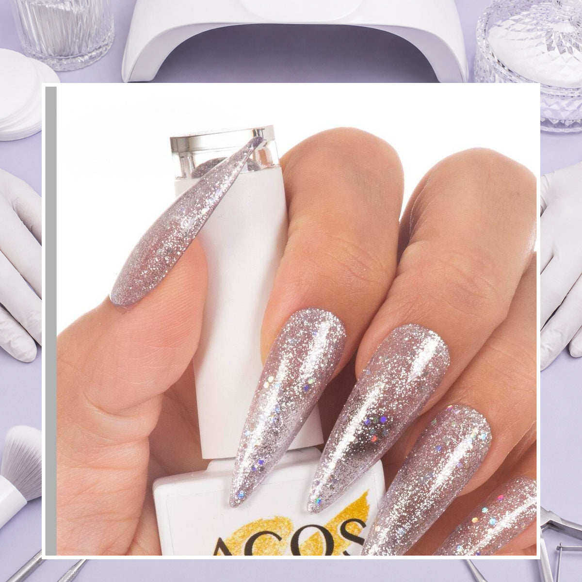 ACOS HF091 Glitter Dark Purple manicure result shown at a professional nail workstation