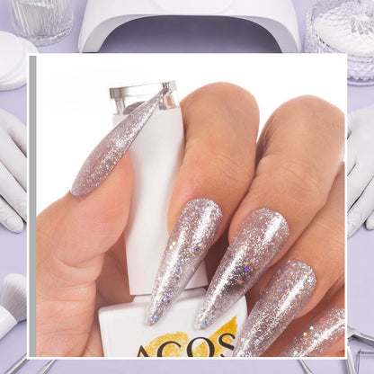 ACOS HF091 Glitter Dark Purple manicure result shown at a professional nail workstation