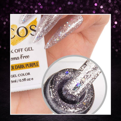 Close detail of ACOS HF091 Glitter Dark Purple gel texture and finished nail colour