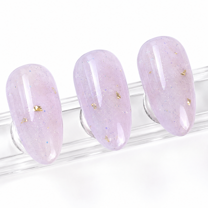 Three cured ACOS Glitter Purple 089 artificial nail swatches on a clear display