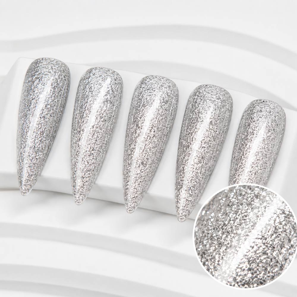 ACOS Glitter Silver 093 finished nail swatches with reflective texture