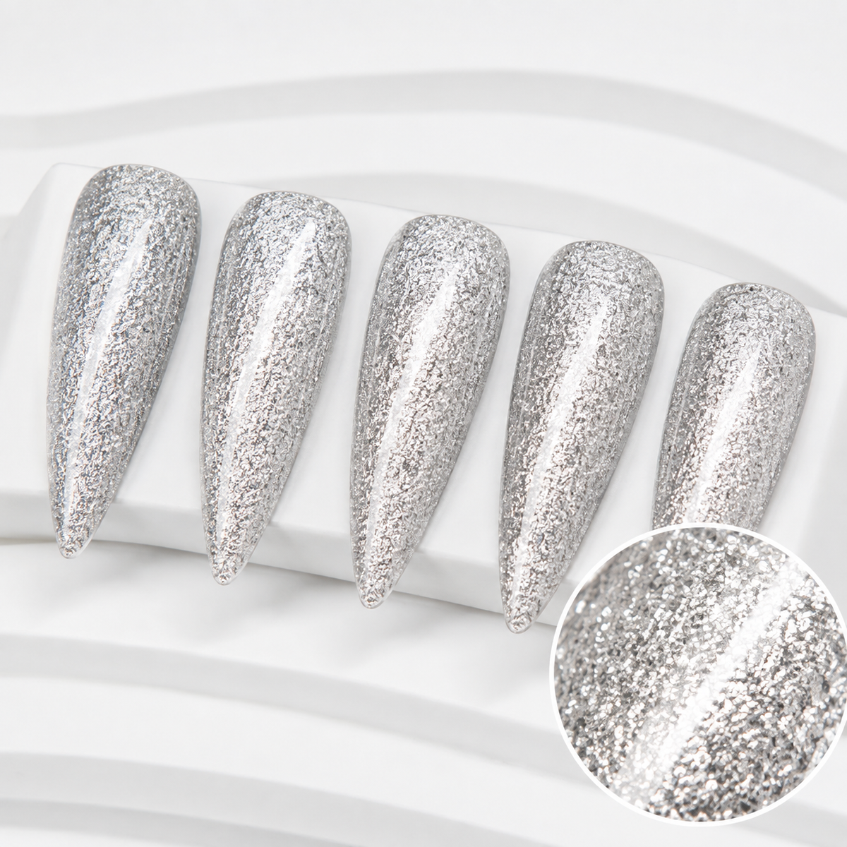 ACOS Glitter Silver 093 finished nail swatches with reflective texture