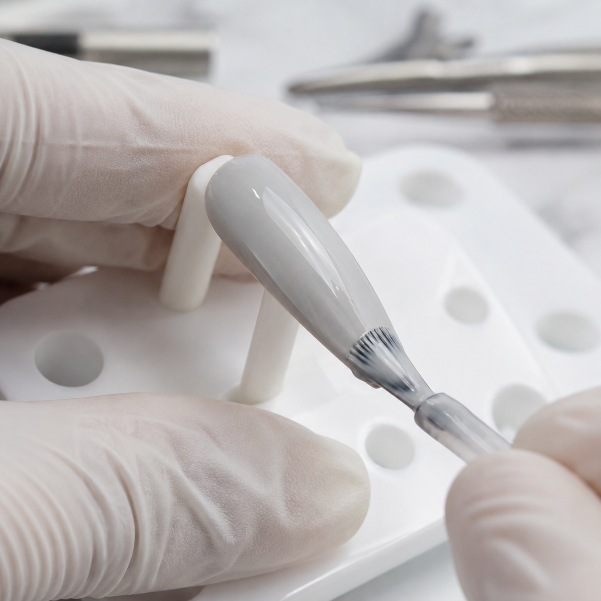 Professional applying ACOS Light Grey 037 gel colour to an artificial practice tip
