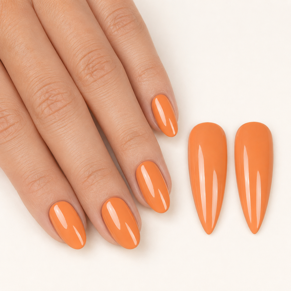ACOS Mature Orange 067 glossy manicure result with matching apricot-orange swatches