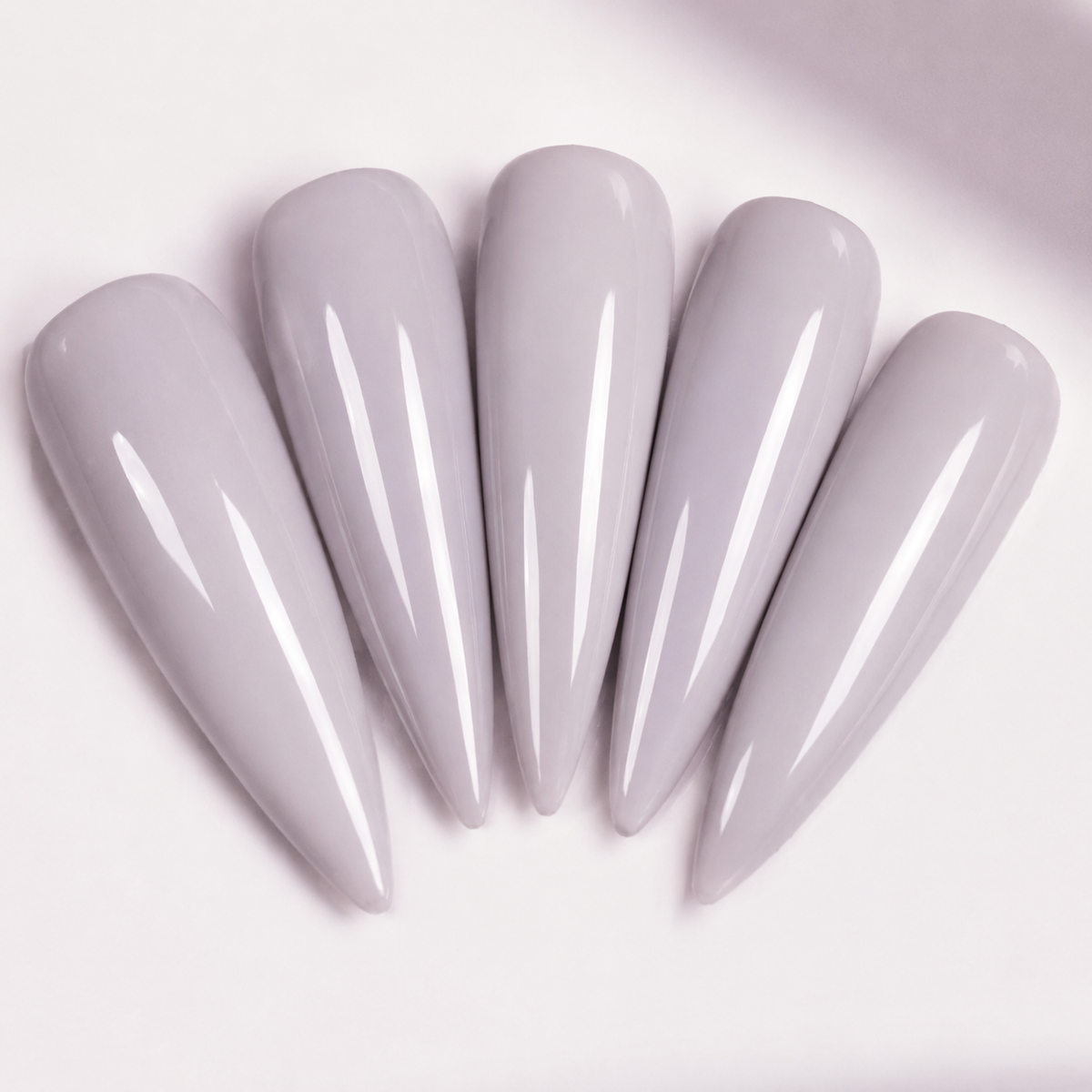 Five glossy artificial nail swatches showing ACOS HF077 Milky Purple Clay shade