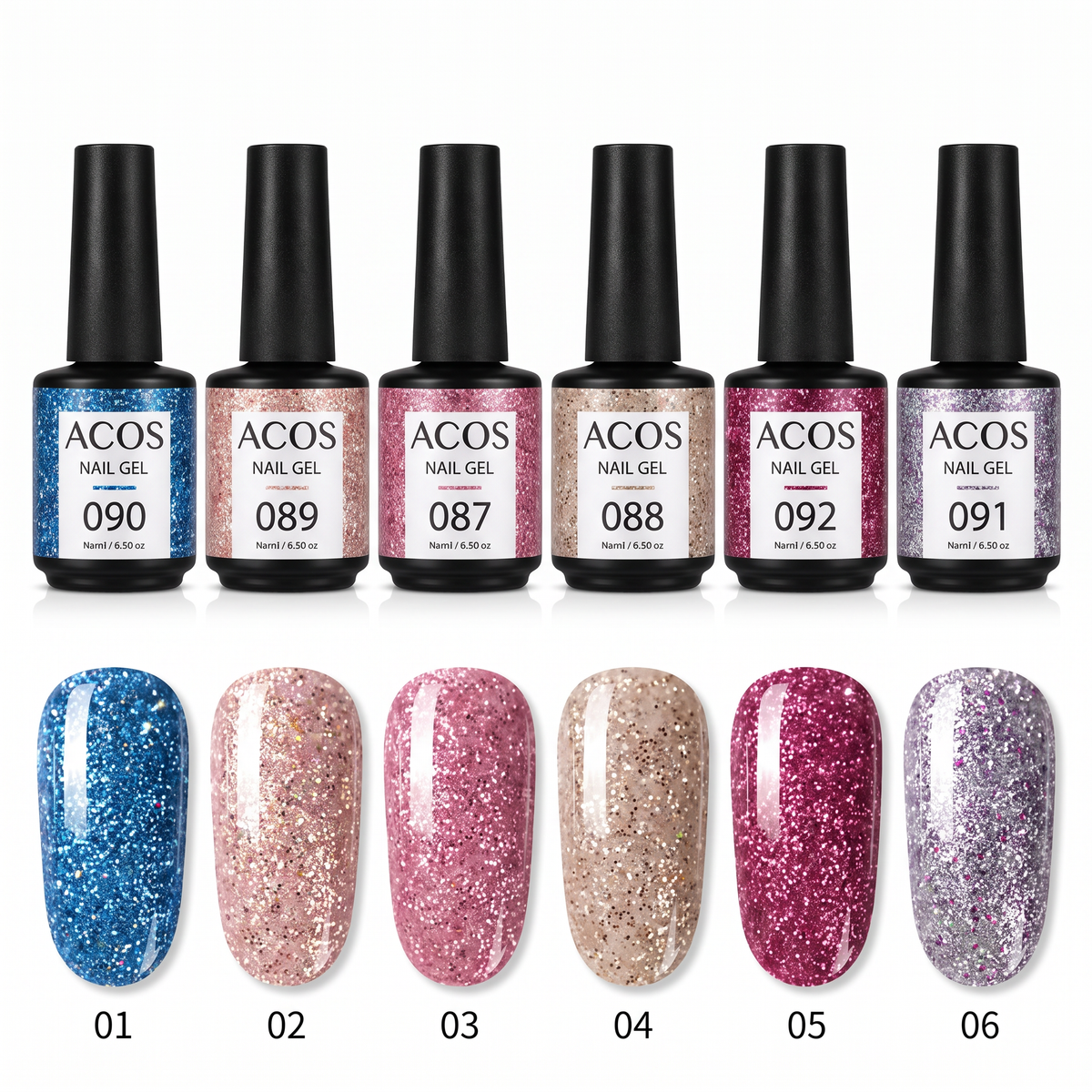 ACOS Transparent Glitter shade swatches