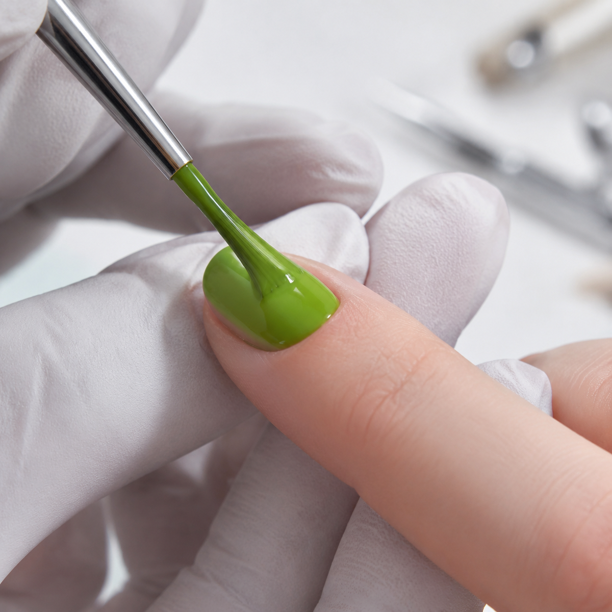 ACOS Apple 019 apple-green gel polish being applied to a fingernail