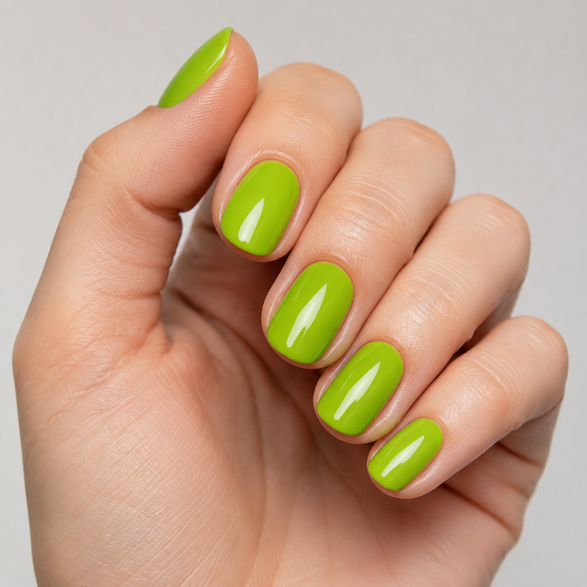 Finished glossy apple-green manicure showing ACOS Apple 019 shade