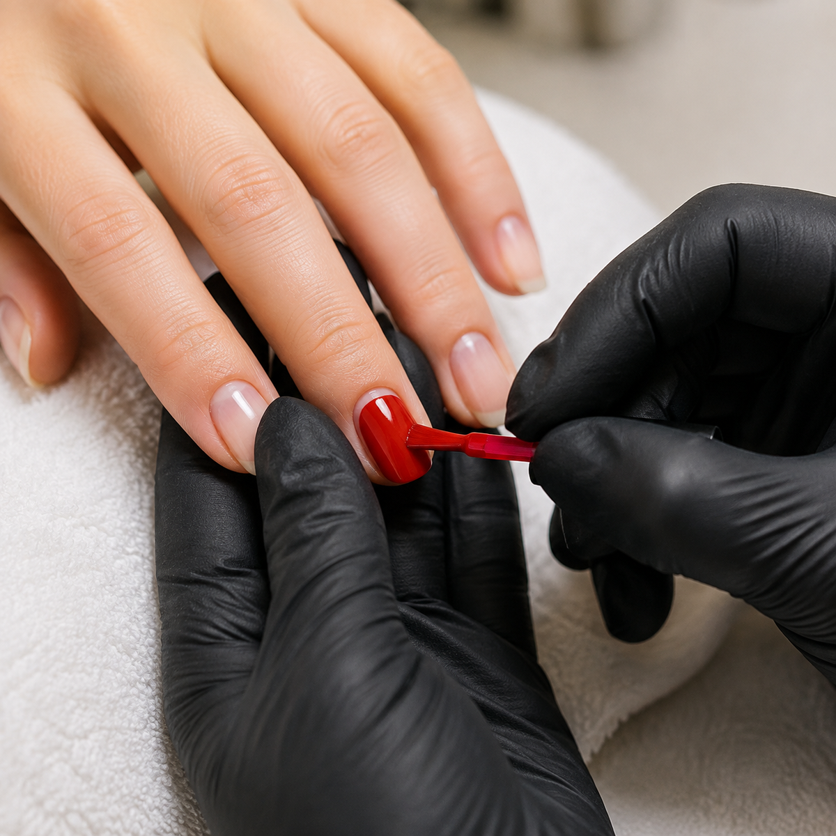 Professional applying Bright Red 059 gel polish to a client's nail