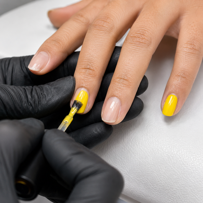 Nail technician applying ACOS Bright Yellow 022 gel polish