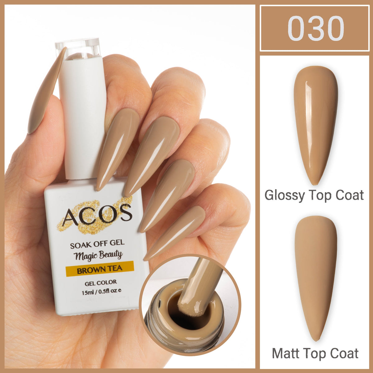 ACOS Magic Beauty Brown Tea 030 gel colour 15ml bottle and shade swatch