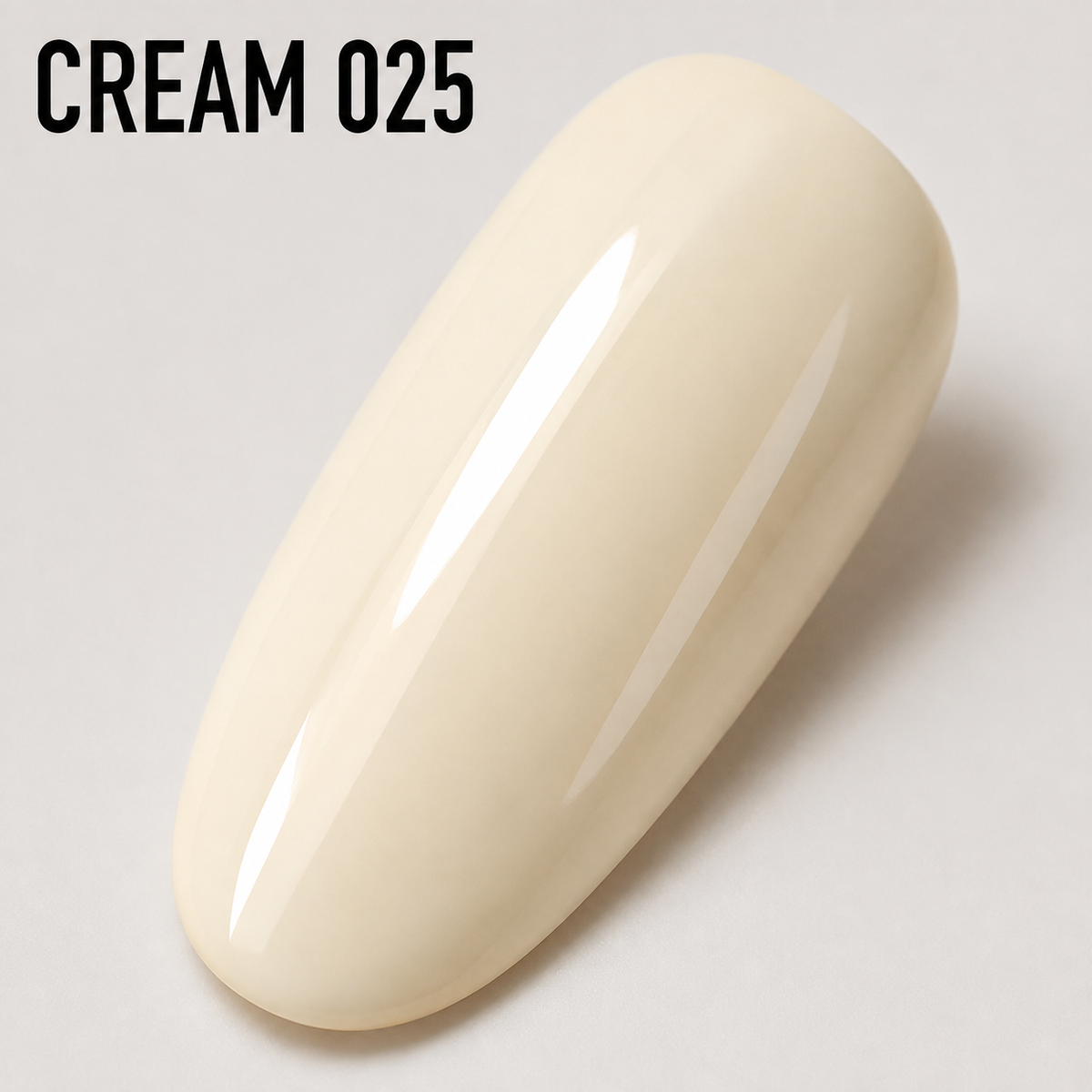 ACOS Cream 025 glossy cream gel polish swatch with CREAM 025 overlay