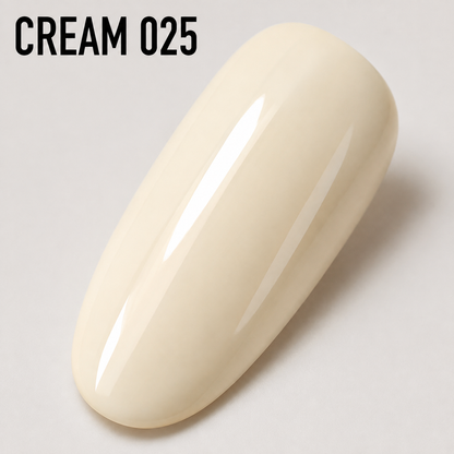 ACOS Cream 025 glossy cream gel polish swatch with CREAM 025 overlay