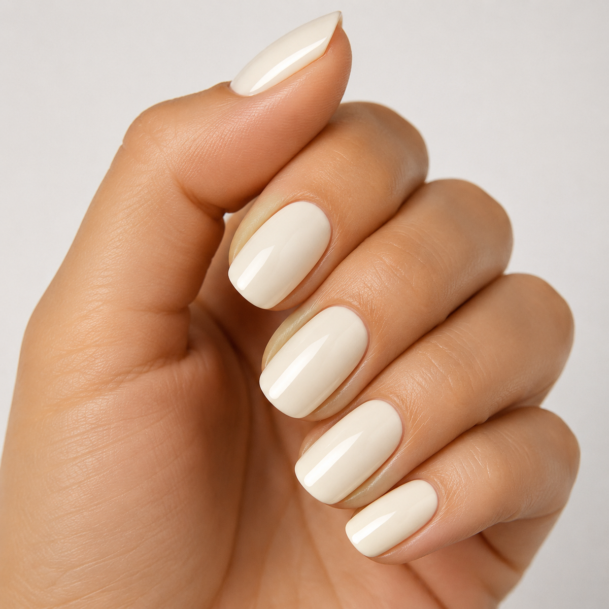 Finished glossy cream manicure showing ACOS Cream 025 shade