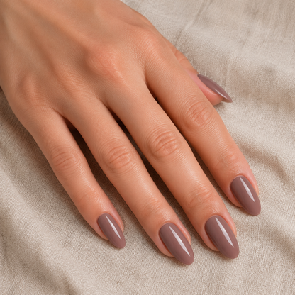 Finished glossy ACOS Dark Brown 050 gel manicure on medium almond nails