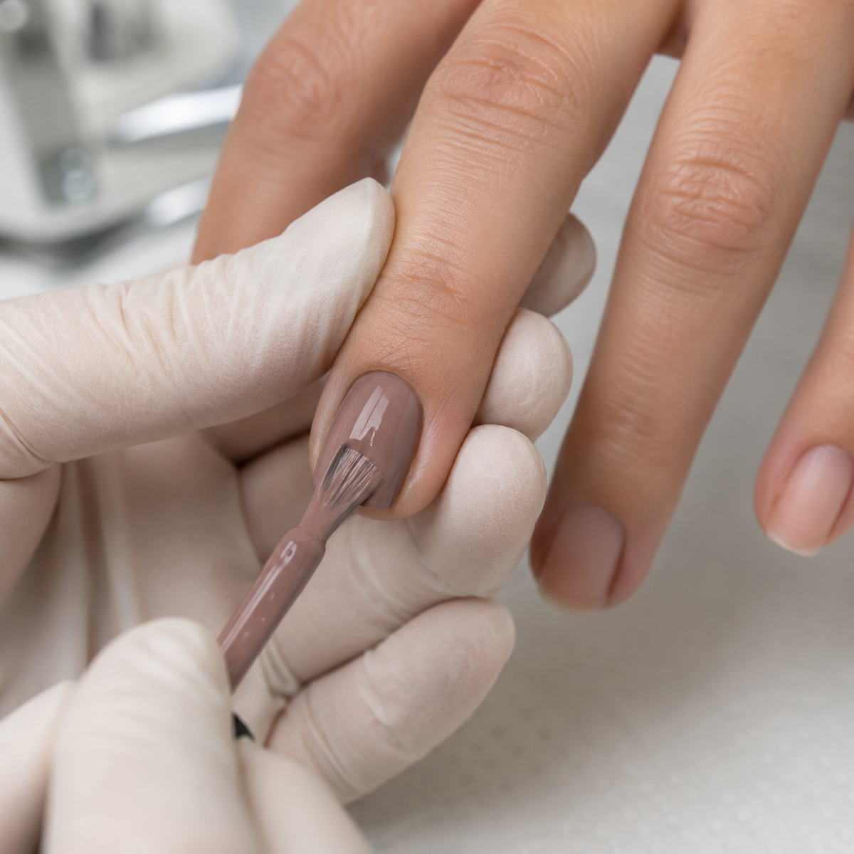 Professional applying ACOS Dark Brown 050 gel polish to an adult fingernail