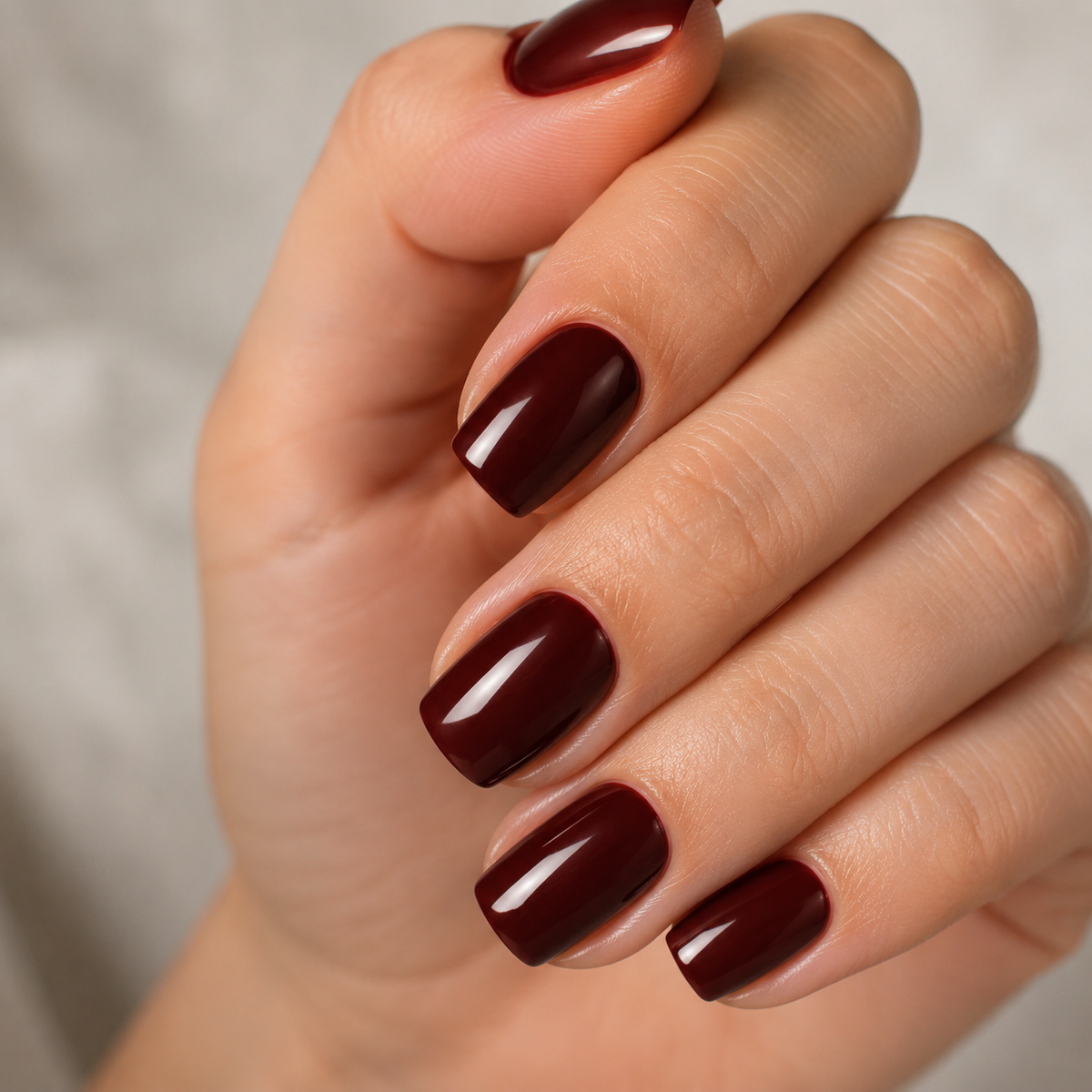 Finished glossy deep brown-red 052 manicure on natural nails