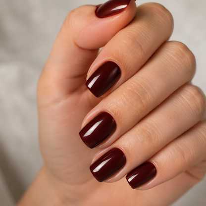 Finished glossy deep brown-red 052 manicure on natural nails
