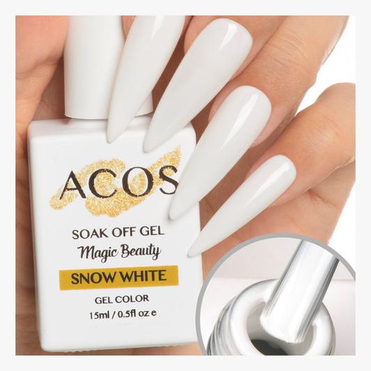 Close-up of ACOS Snow White 002 gel polish bottle and white nail swatches