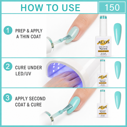 How to apply and cure ACOS Mint Ice Blue 150 soak-off gel colour