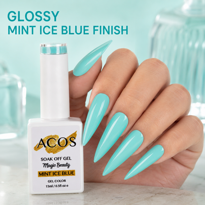 Glossy Mint Ice Blue manicure using ACOS Magic Beauty gel colour 150 15ml